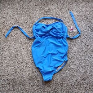 New Maternity One Piece Swim Suit Medium D/DD Blue Ruched Tummy Control